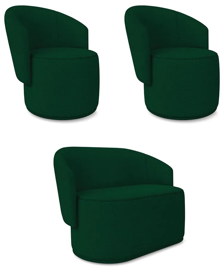 Namoradeira e 2 Poltronas Orgânica para Sala Malu Bouclê M11 - D'Rossi - Verde