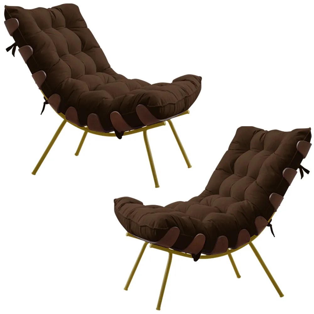 Kit 2 Poltronas Decorativas Sala de Estar Abel Base de Madeira Dourada Suede Marrom G41 - Gran Belo