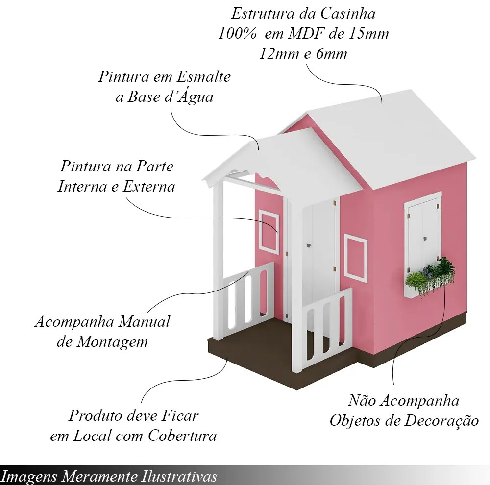 Casinha de Brinquedo MDF com Varanda Artesanal Branco/Rosa L12 - Gran Belo