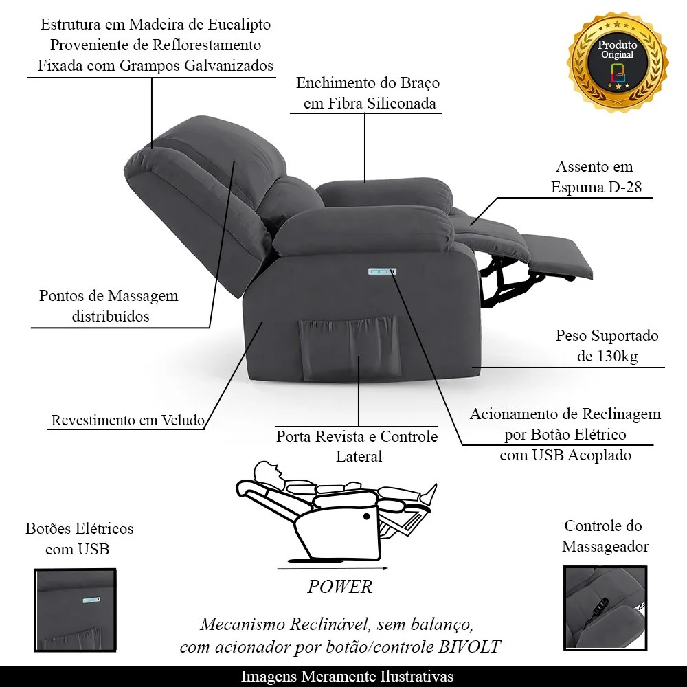 Poltrona do Papai Reclinável Sala de Cinema Madrid Elétrica Touch Massagem USB Veludo Cinza Grafite G23