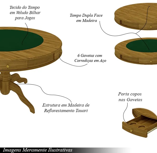Conjunto Mesa de Jogos Carteado Bellagio Tampo Reversível e 6 Cadeiras Madeira Poker Base Estrela Veludo Verde/Mel G42 - Gran Belo
