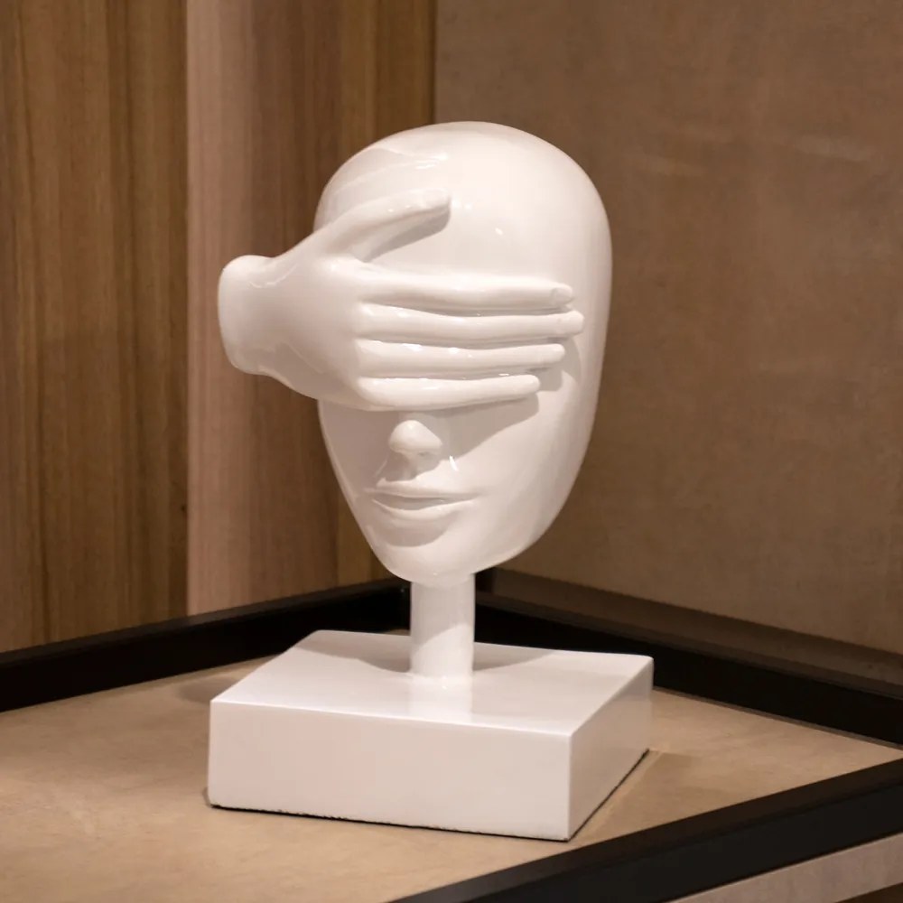Escultura Decorativa Máscara Cego Em Cerâmica Branco 25x15x14 Cm - D'Rossi
