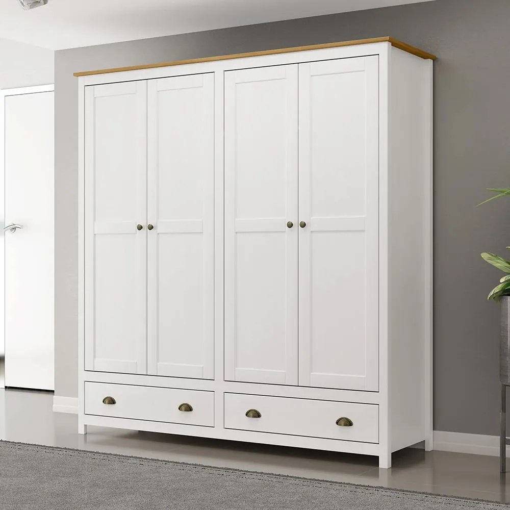 Guarda Roupa Madeira Maciça 4 Portas Osiris 2 Gavetas Branco/Freijó G74 - Gran Belo