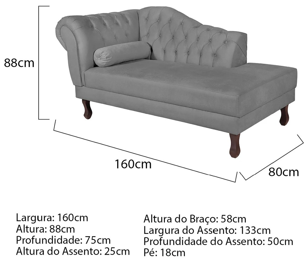Recamier Diana 160cm Lado Direito Suede Cinza - ADJ Decor