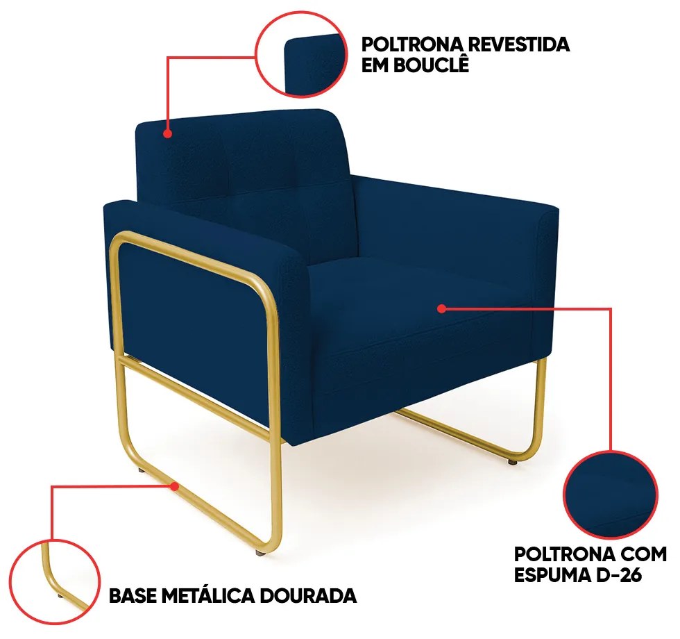 Poltrona Sala Industrial Alta Tubo Dourado Elisa Bouclê D03 - D'Rossi - Azul