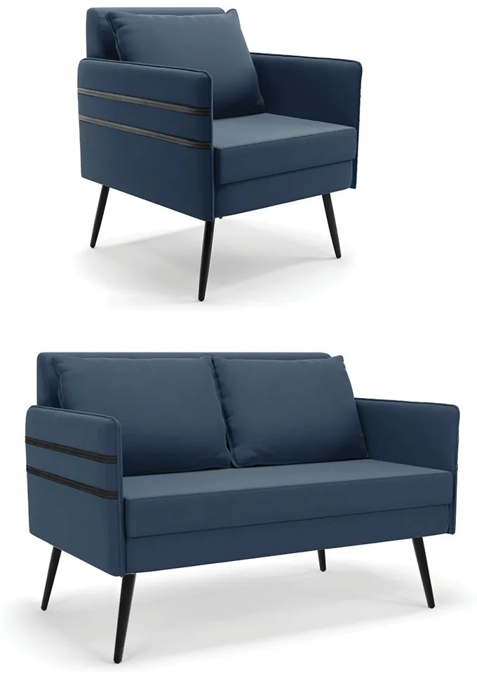 Kit 01 Namoradeira 02 Lugares e 01 Poltrona Mari Suede Pés Palito de Ferro D03 - D'Rossi - Azul Marinho