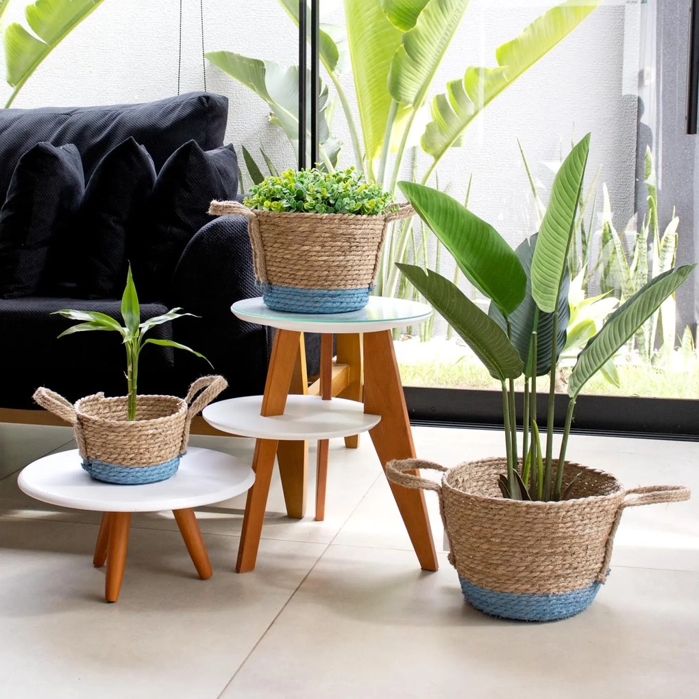 Cesto de Fibra Natural Seagrass Com Fundo Azul 13,5x21x23 cm - D'Rossi