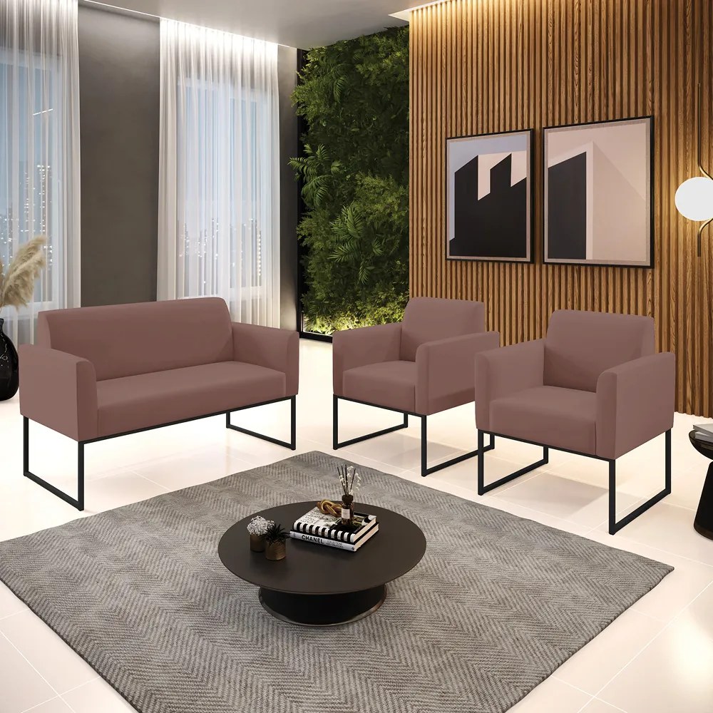 Sofá Namoradeira com 2 Poltronas Base Industrial Preto Marisa Veludo D03 - D'Rossi - Rose