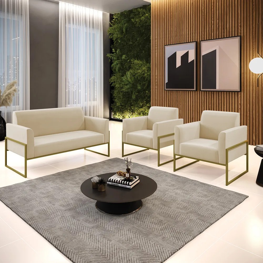 Sofá Namoradeira com 2 Poltronas Base Industrial Alta Dourado Marisa Suede D03 - D'Rossi - Bege