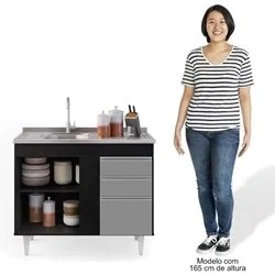 Balcão Gabinete Com Pia Inox 100cm 2 Portas 2 Gavetas Luziania Preto/C