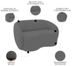 Sofá 3 Lugares Living Orgânico Sala de Estar 180cm Garbin Z08 Boucle C