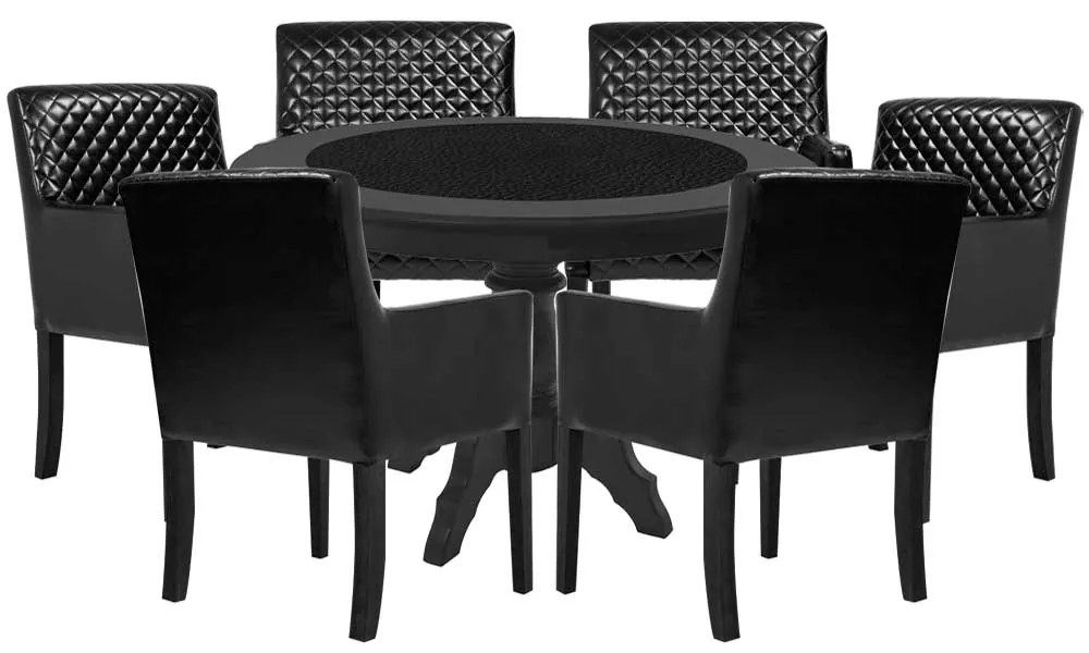 Mesa de Jogos Carteado Montreal Redonda Tampo Reversível Preto com 6 Cadeiras Liverpool Corino Preto Matelassê G36 G15 - Gran Belo