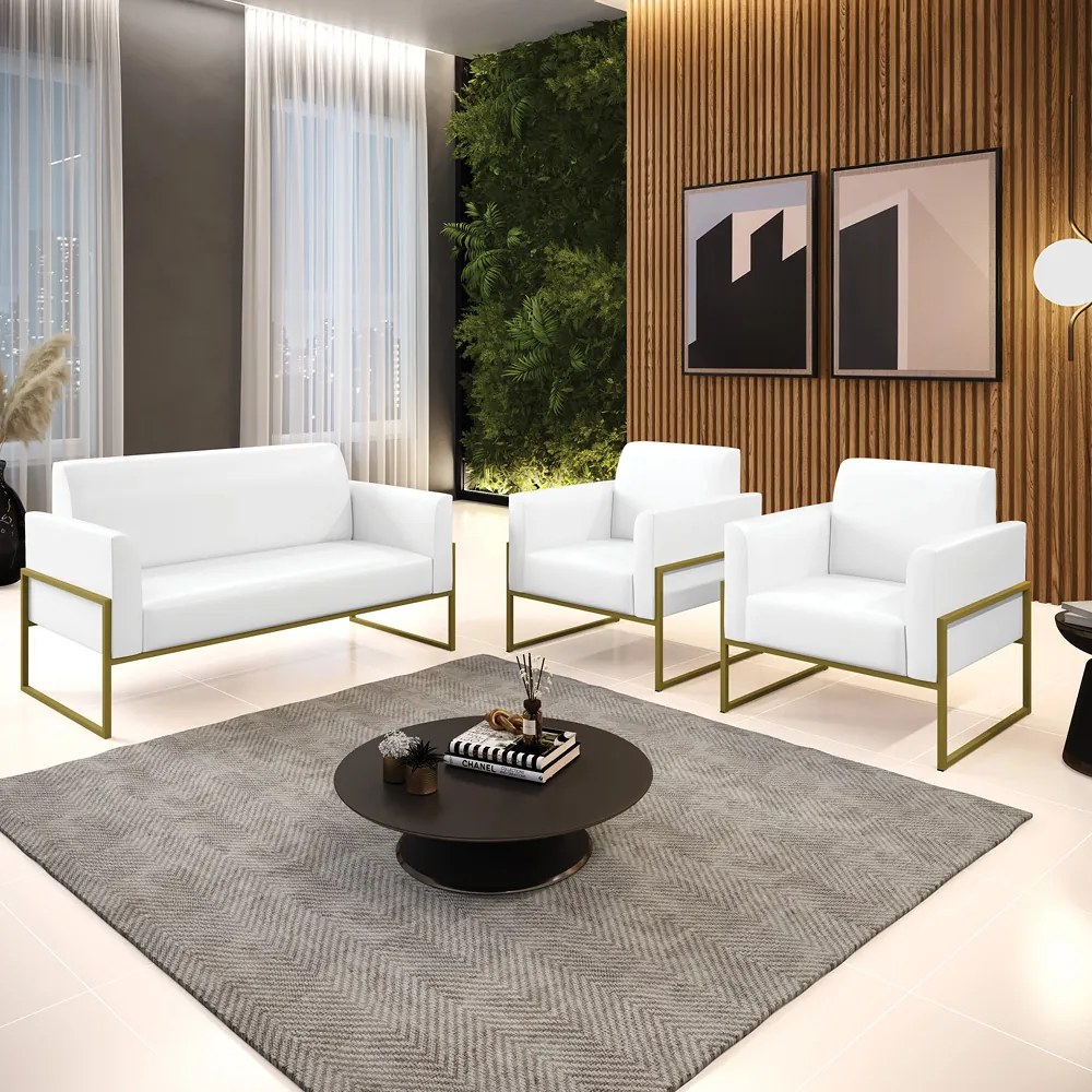Sofá Namoradeira com 2 Poltronas Base Industrial Alta Dourado Marisa Corano D03 - D'Rossi - Branco
