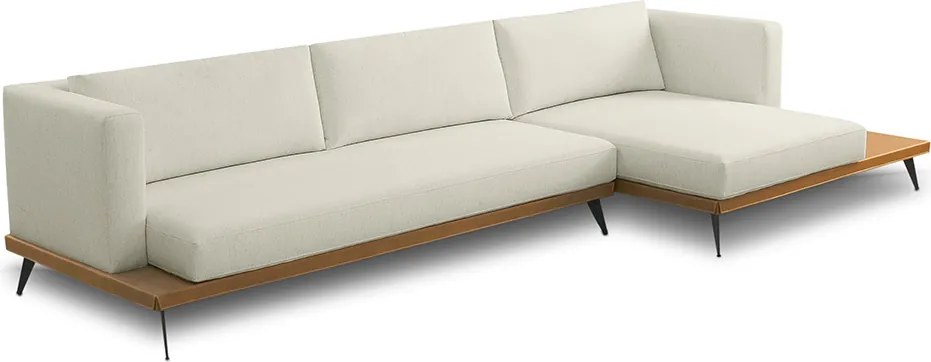 Sofá Sala de Estar Living Design Moderno 340cm Mesa Lateral Pés de Ferro Manacor Linho e PU Bege/Caramelo Manchado G93 - Gran Belo