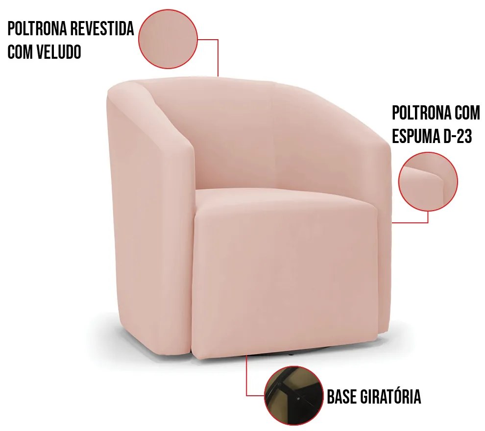 Poltrona Decorativa Base Giratória Stella Max Veludo Rosê D03 - D'Rossi