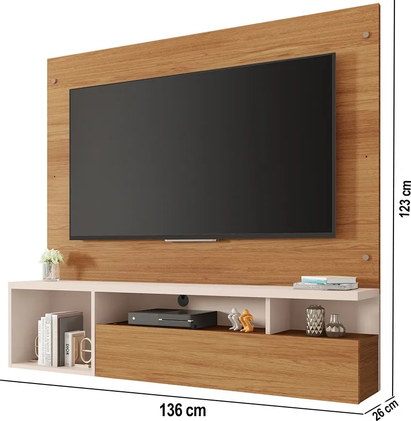 Painel TV 55 Pol 136cm Bancada Suspensa Sala Layanne C01 - D'Rossi - Freijó/Off White