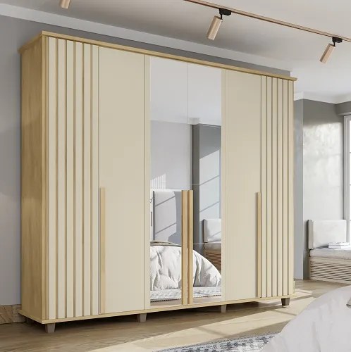 Guarda Roupa Com Espelho Ripado França 6 Portas Cinamomo/Off White – RV Móveis