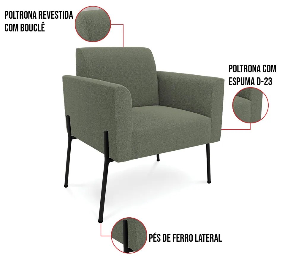 Namoradeira e 2 Poltronas Pé Ferro Preto Marisa Bouclê - Pistache