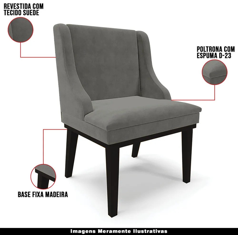 Poltrona Decorativa Base Fixa de Madeira Firenze Suede Grafite/Preto G19 - Gran Belo
