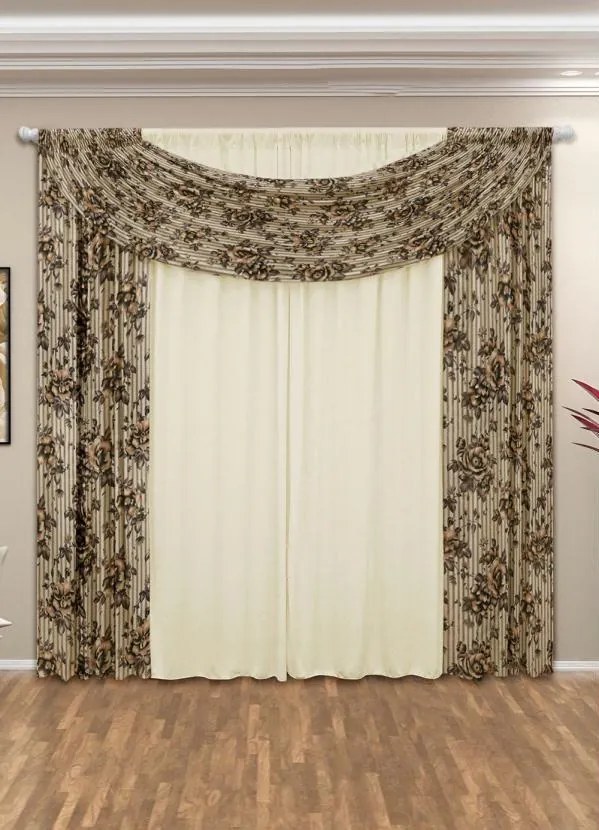 Cortina com Bandô Floral Marrom 360x180 cm