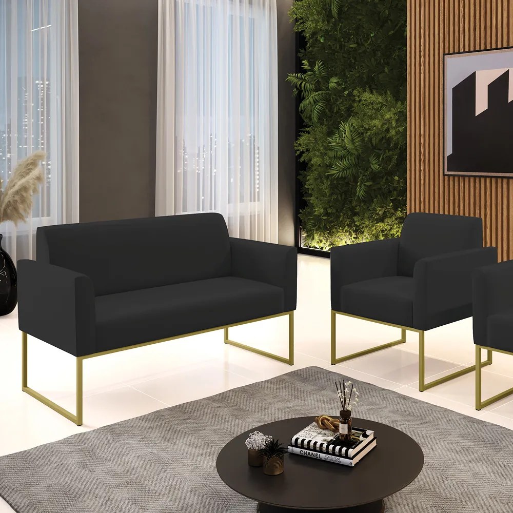 Sofá Namoradeira com Poltrona Base Industrial Dourado Marisa Veludo D03 - D'Rossi - Preto