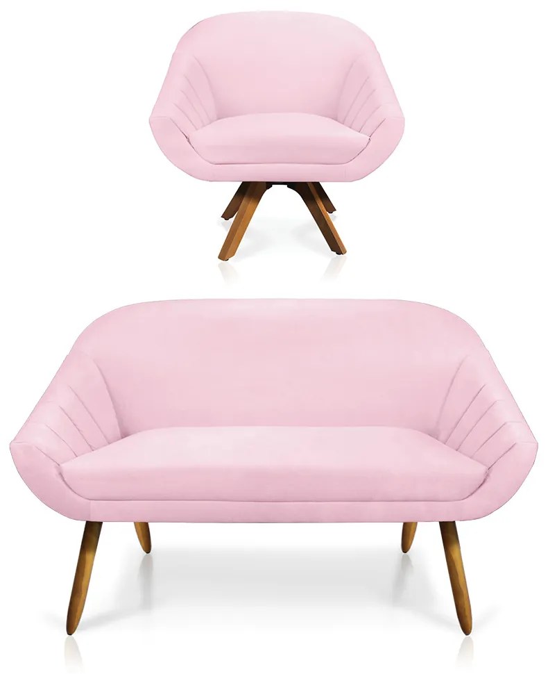 Kit 01 Namoradeira 02 Lugares e 01 Poltrona Giratória Giovana Suede Base Madeira MM30 - D'Rossi - Rosa Bebê