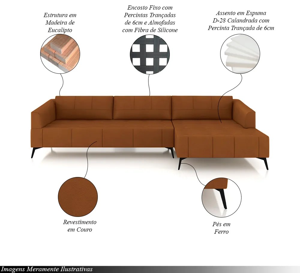 Sofá Bipartido Sala de Estar Kiara 292cm Chaise Direito Pés de Ferro Couro Caramelo G52 - Gran Belo