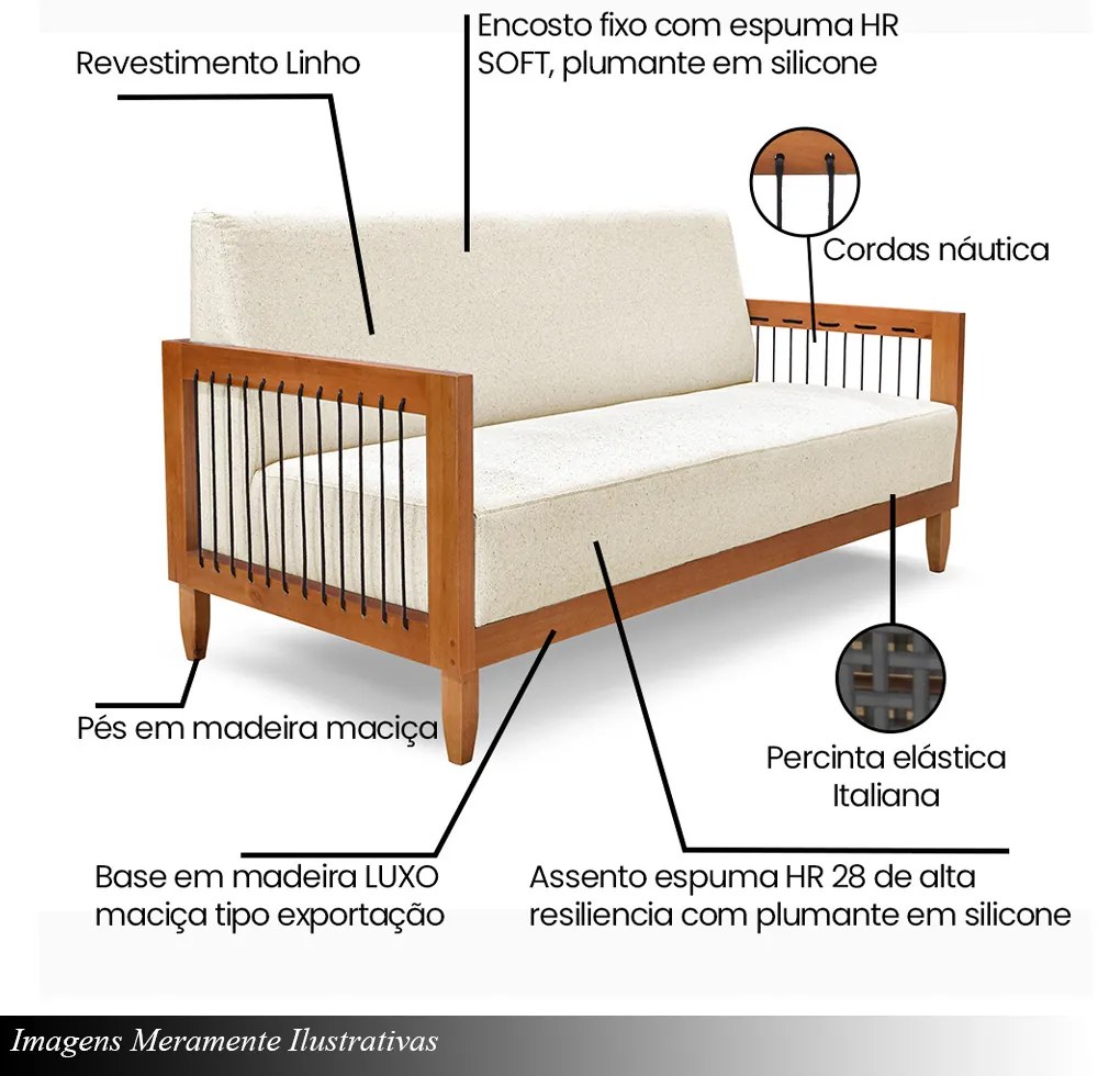 Sofá Namoradeira 2 Lugares Sala de Estar Pés Madeira Maciça Corda Náutica Preta 160cm Manila Linho Off White Rústico G63 - Gran Belo