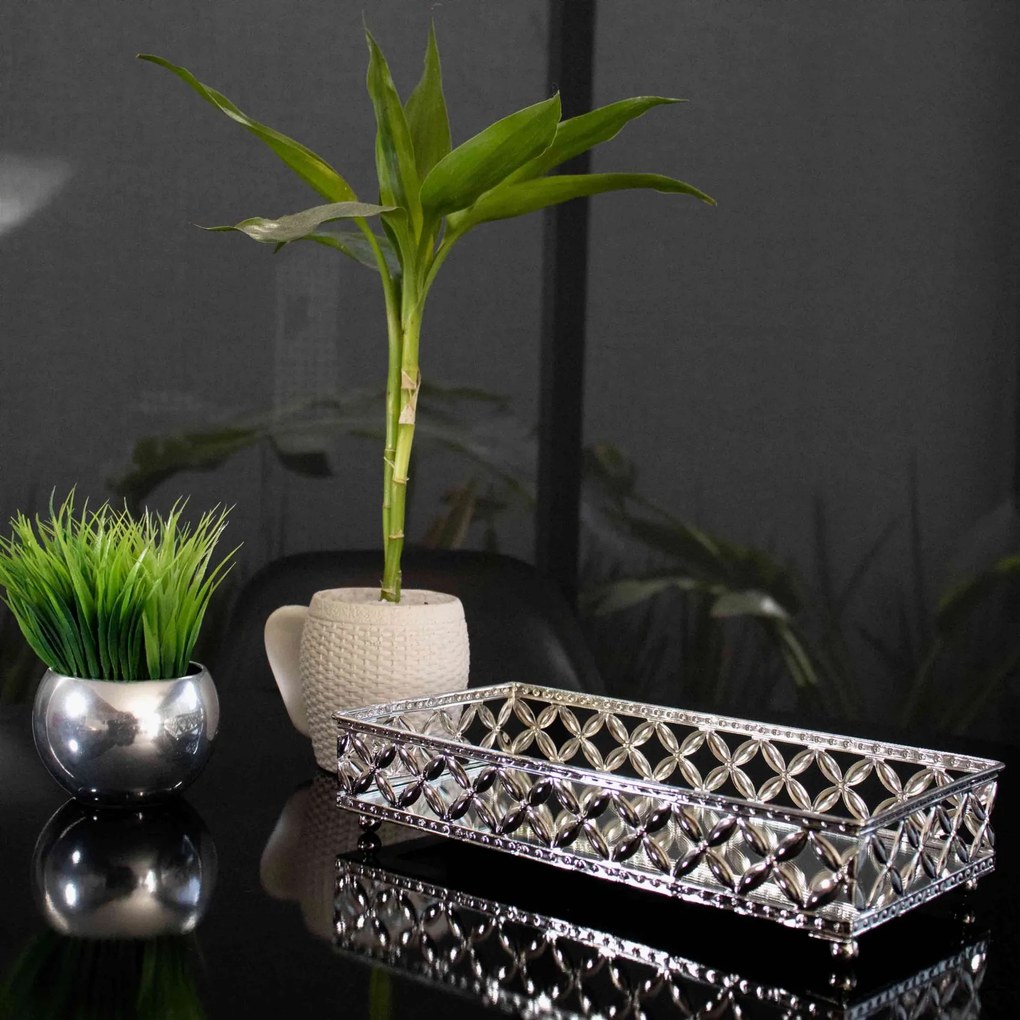 Bandeja Decorativa Retangular Em Metal Prata Com Espelho 5x24 cm M02 - D'Rossi