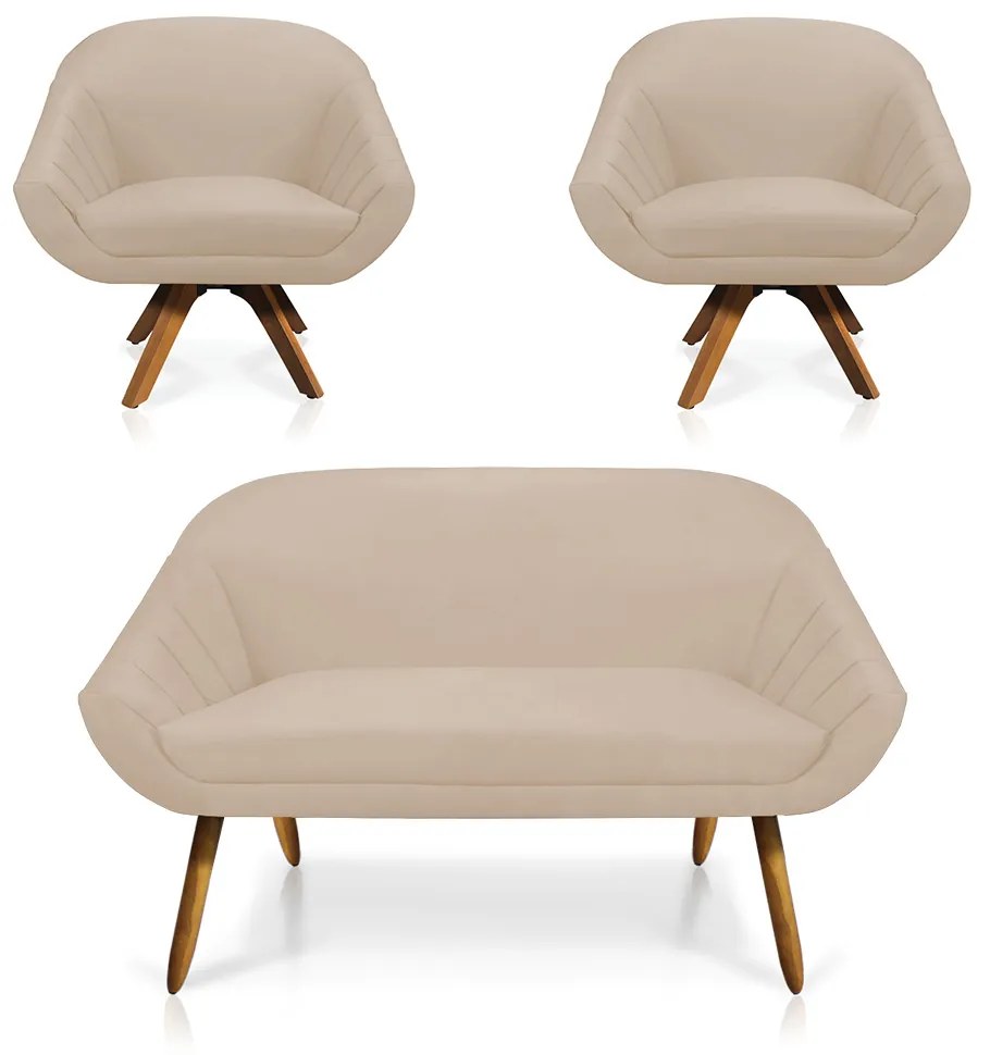 Kit 01 Namoradeira 02 Lugares e 02 Poltronas Giratória Giovana Suede Bege Base Madeira MM30 - D'Rossi