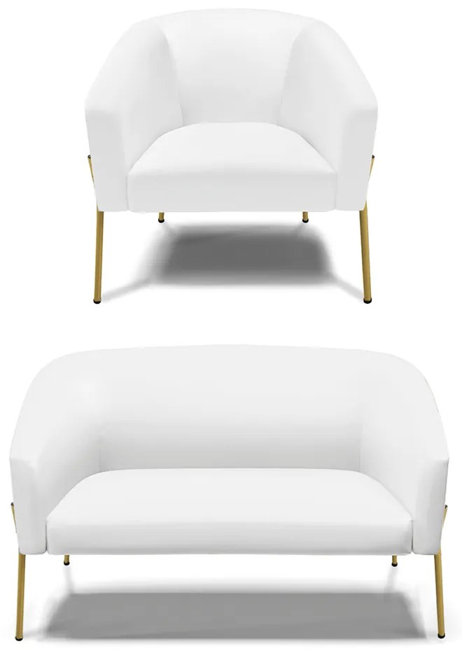 Sofá Namoradeira e Poltrona Pé de Ferro Dourado Stella Sintético D03 - D'Rossi - Branco
