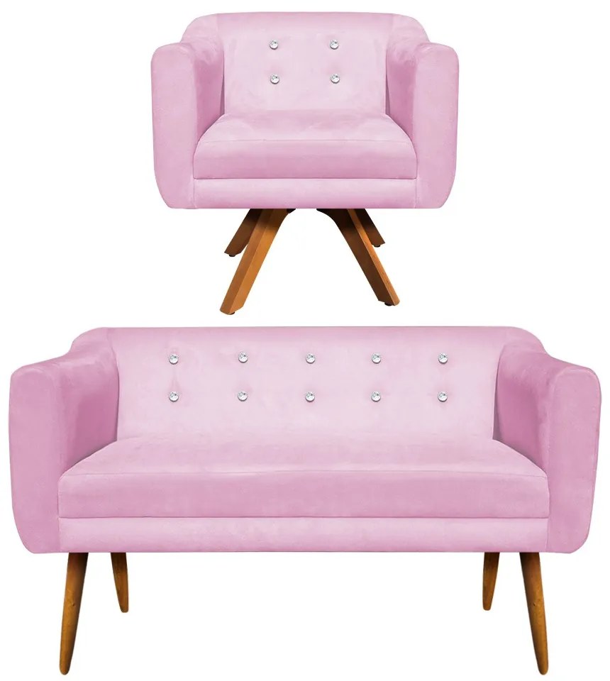 Kit 01 Namoradeira 02 Lugares e 01 Poltrona Giratória Julia Suede Rosa Bebê com Strass Base Madeira MM30 D'Rossi
