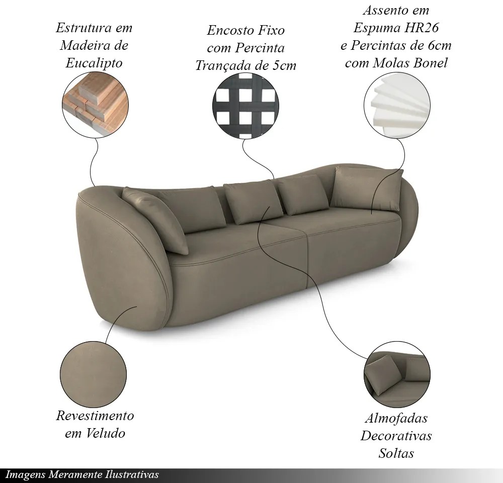 Sofá Bipartido Sala de Estar Diamond 212cm com Almofadas Soltas Veludo Marrom G52 - Gran Belo