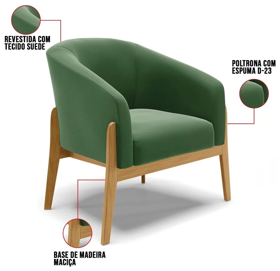 Poltrona Decorativa Base de Madeira Stella Suede Verde D03 - D'Rossi