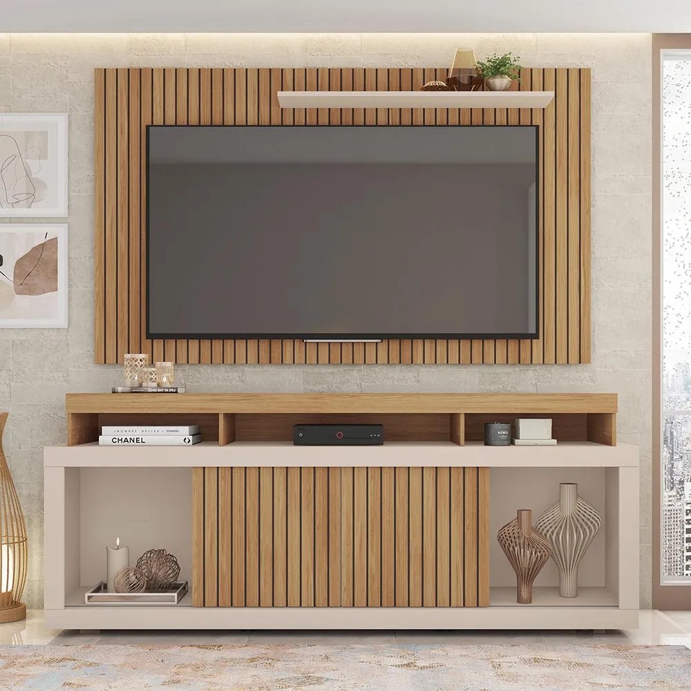 Painel TV 60 Pol 180cm e Bancada com Rodízio Sala Navel Buriti/Off White C01 - D'Rossi
