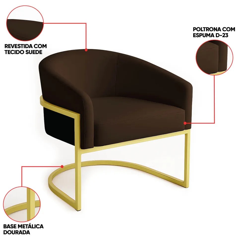 Poltrona Sala Decorativa Industrial Dourada Arielle Suede D03 - D'Rossi - Marrom