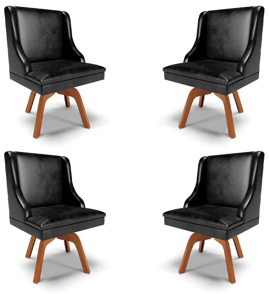 Kit 4 Cadeiras Decorativas Sala de Jantar Base Giratória de Madeira Firenze PU Preto Brilho/Natural G19 - Gran Belo