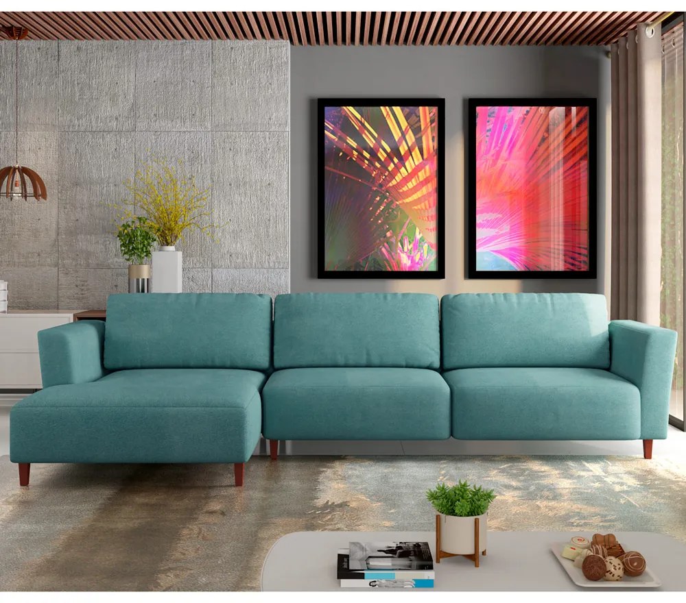 Sofá 290cm com Chaise Esquerda Franz Suede Turquesa - Gran Belo