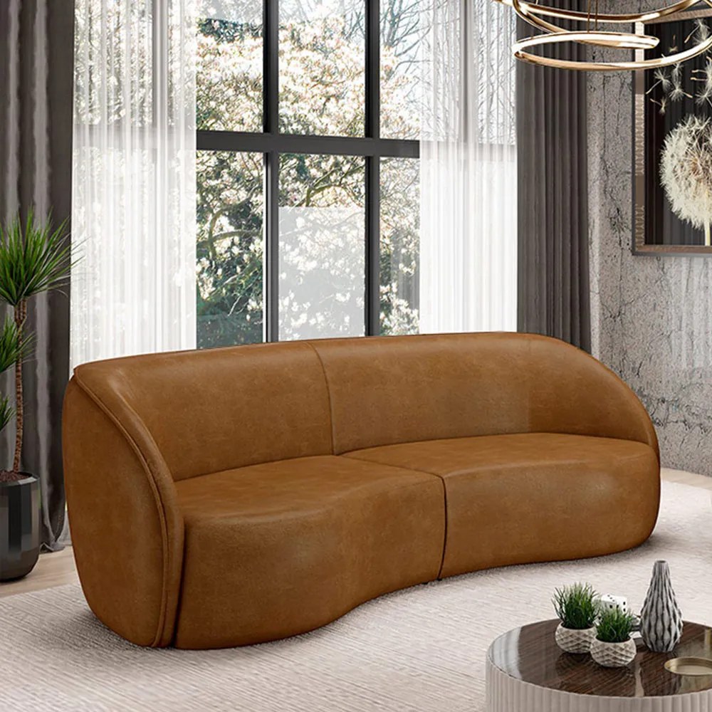 Sofá Decorativo Sala de Estar Bipartido 318cm Clarke PU Caramelo Manchado G45 - Gran Belo