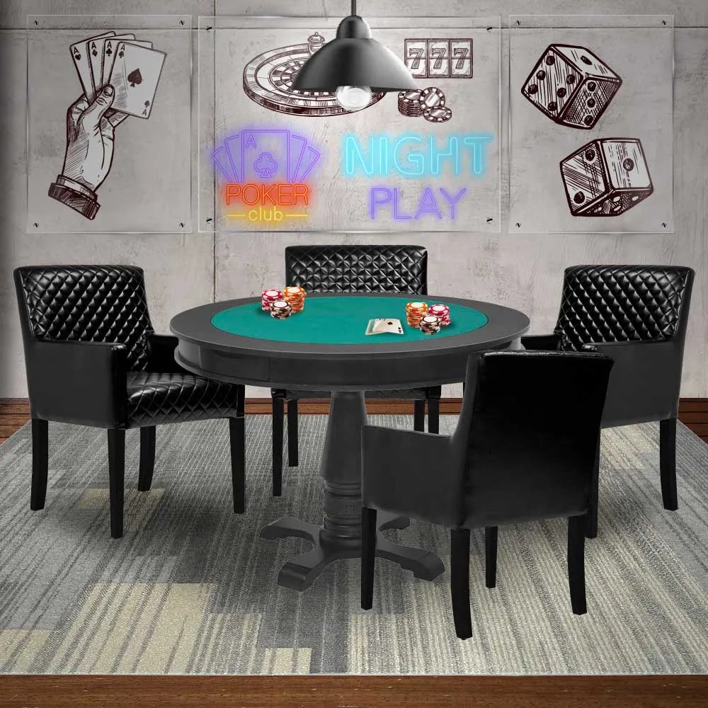 Mesa de Jogos Carteado Victoria Redonda Tampo Reversível Preto com 4 Cadeiras Liverpool PU Preto Matelassê G36 G15 - Gran Belo