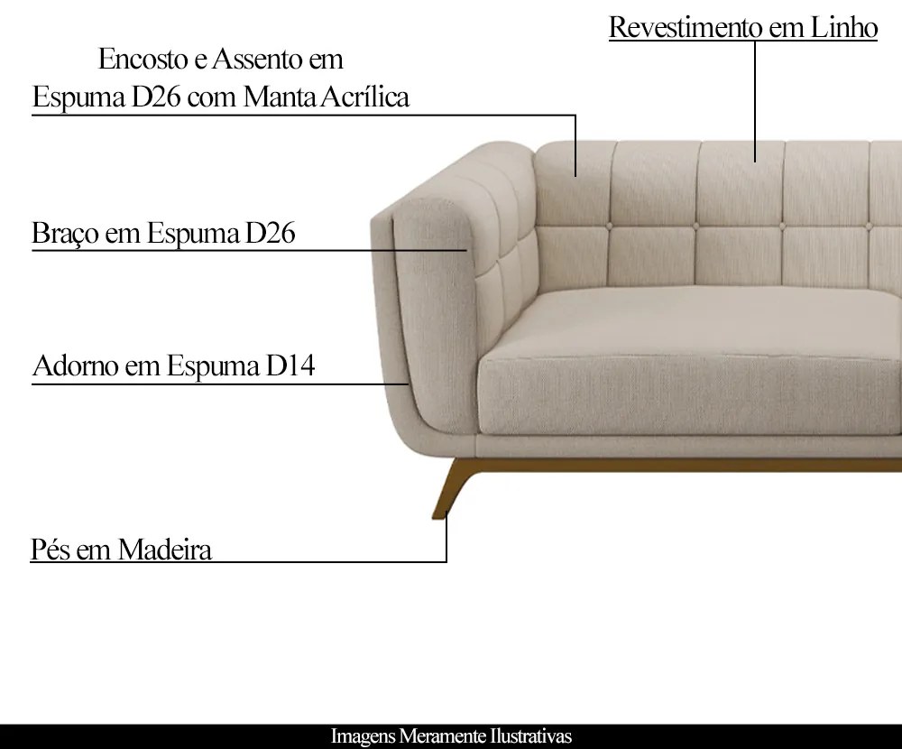 Sofá Decorativo Sala de Estar 240cm Rocket 3 Lugares Base Madeira Linho Off White G45 - Gran Belo