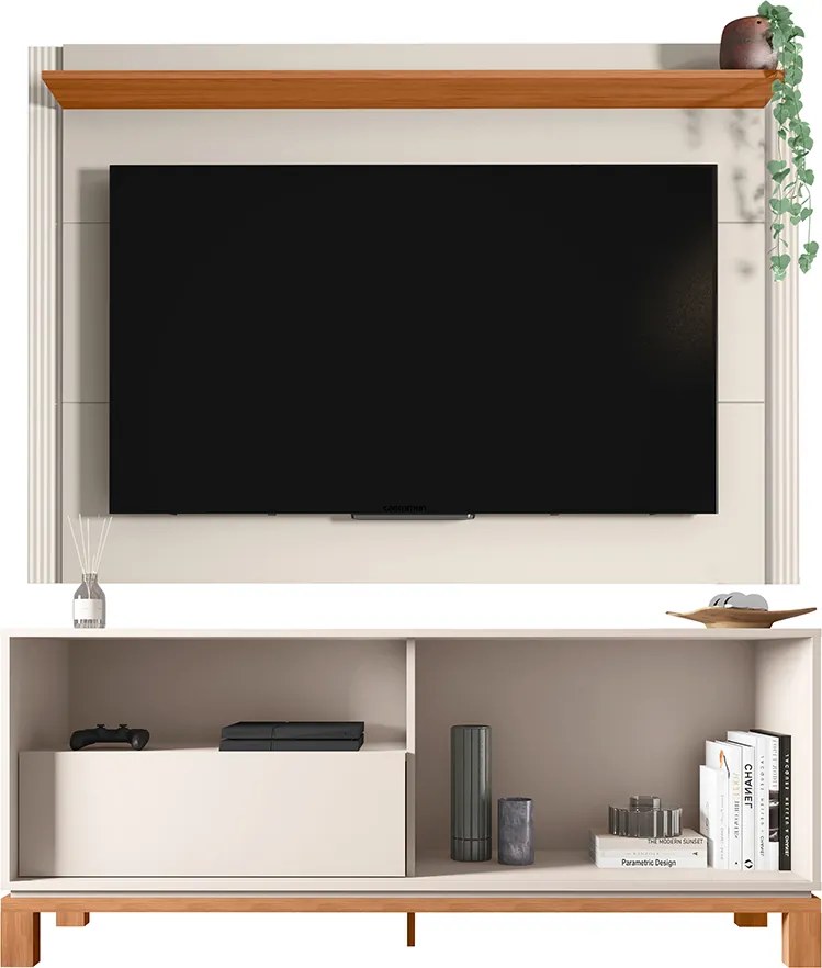 Painel TV 55 Pol 150cm com Rack Bancada para Sala Visari C01 - D'Rossi - Off White/Freijó