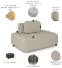 Sofá Modular 140cm Living Sala de Estar Moby Veludo Bege Z08 - Mpozena