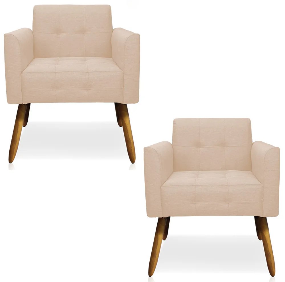 Kit 2 Poltronas Decorativas Pés Palito Karen Linho Bege G19 - Gran Belo