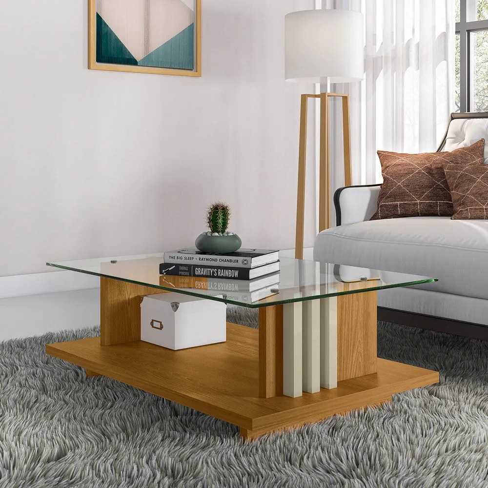 Mesa de Centro Para Sala Ripado Tampo de Vidro Mirezi M20 - D'Rossi - Cumaru e Opala