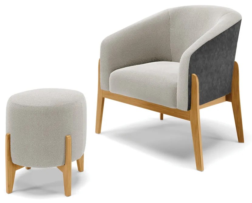 Poltrona e Puff Decorativo Base Madeira Stella PU Preto/Bouclê D03 - D'Rossi - Cinza
