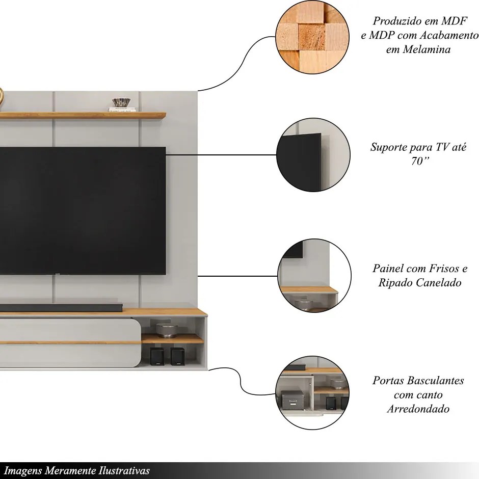 Painel Suspenso Ursula TV 70" Nichos Laterais Bali/Cedro G18 - Gran Belo