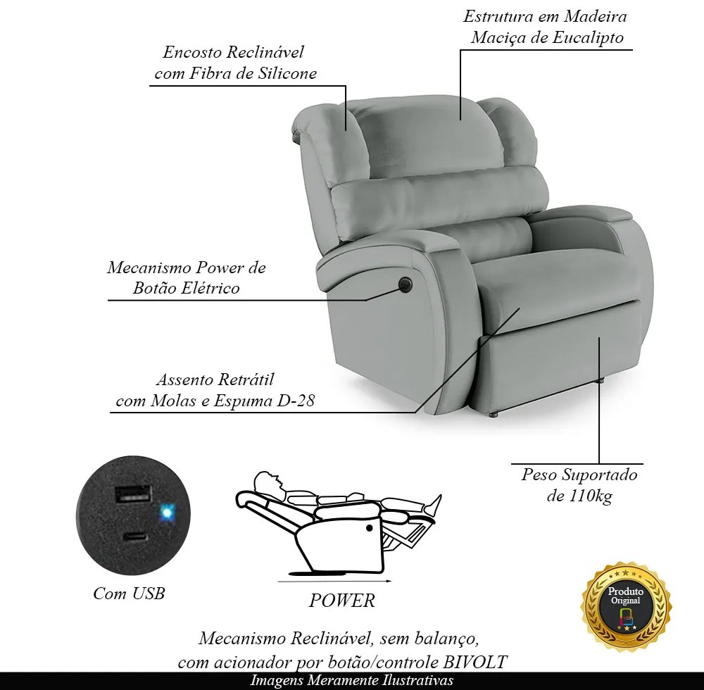 Poltrona do Papai Sala de Cinema Reclinável Kylie Power Elétrica USB PU Cinza G23