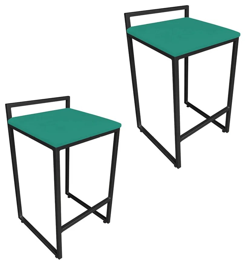 Conjunto 02 Banquetas Pietra Suede Base Preto - Verde Turquesa