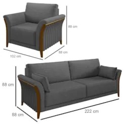 Kit Sofá Living 3 Lugares e Poltrona 102cm Pés Madeira Roya Z32 Linho